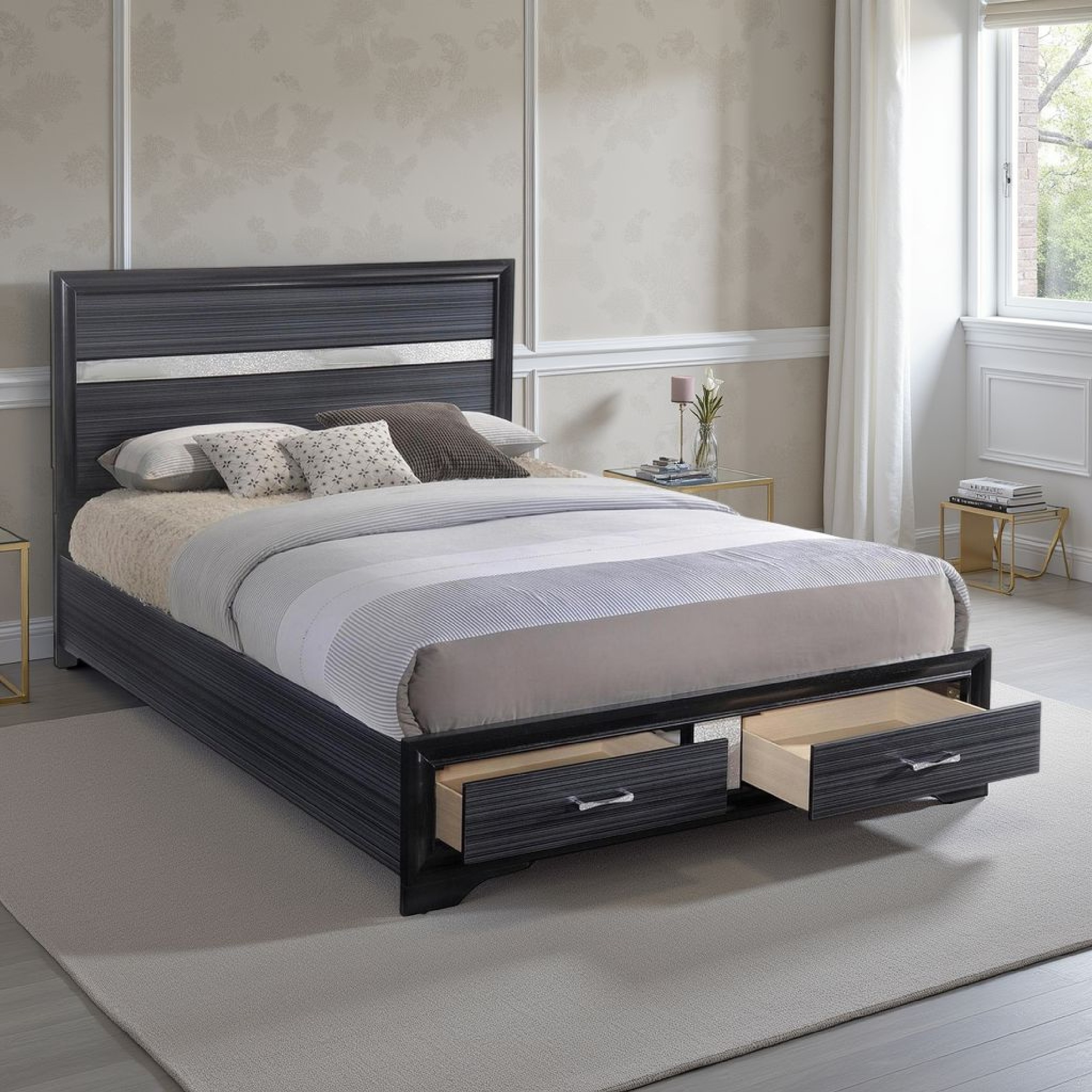 Contemporary Acrylic Trim Accent Eastern King Bed with 2 Drawers, Black