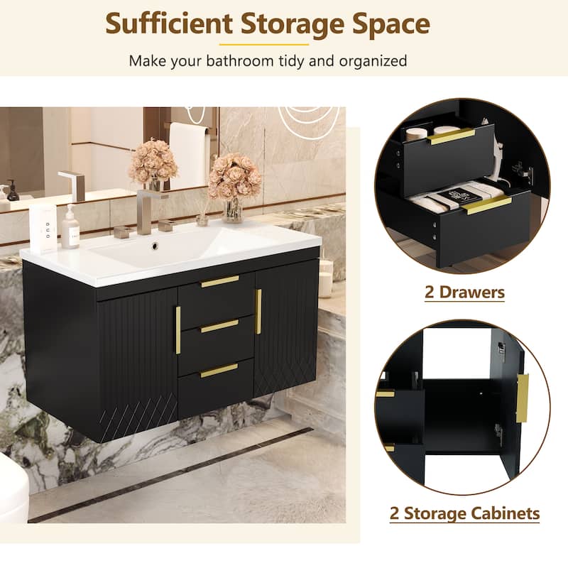 36''Floating Bathroom Vanity - Solid Wood Wall-Mounted Cabinet with Resin Sink & 2 Soft-Close Drawers.