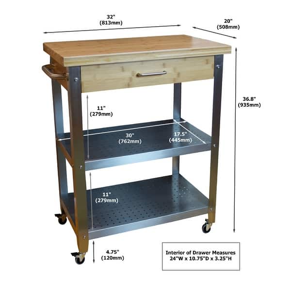 Bamboo & Stainless Steel Rolling Kitchen Cart with Drawer & 2 Shelves ...