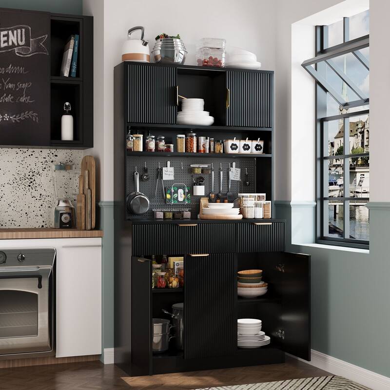 Gymojoy 71" Kitchen Pantry Cabinet with Power Outlets & Pegboard, Freestanding Food Storage Hutch with Microwave Stand