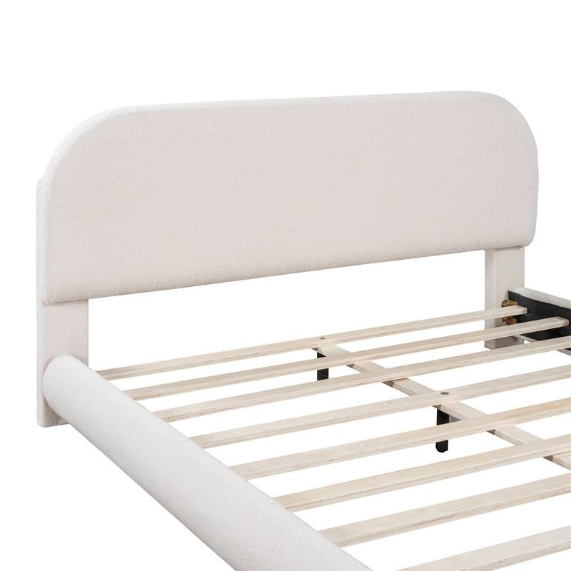 Full/Queen Size Teddy Fleece Upholstered Bed with Thick Fabric, Platform Bed Frame with Headboard & Stylish Curve-shaped Design