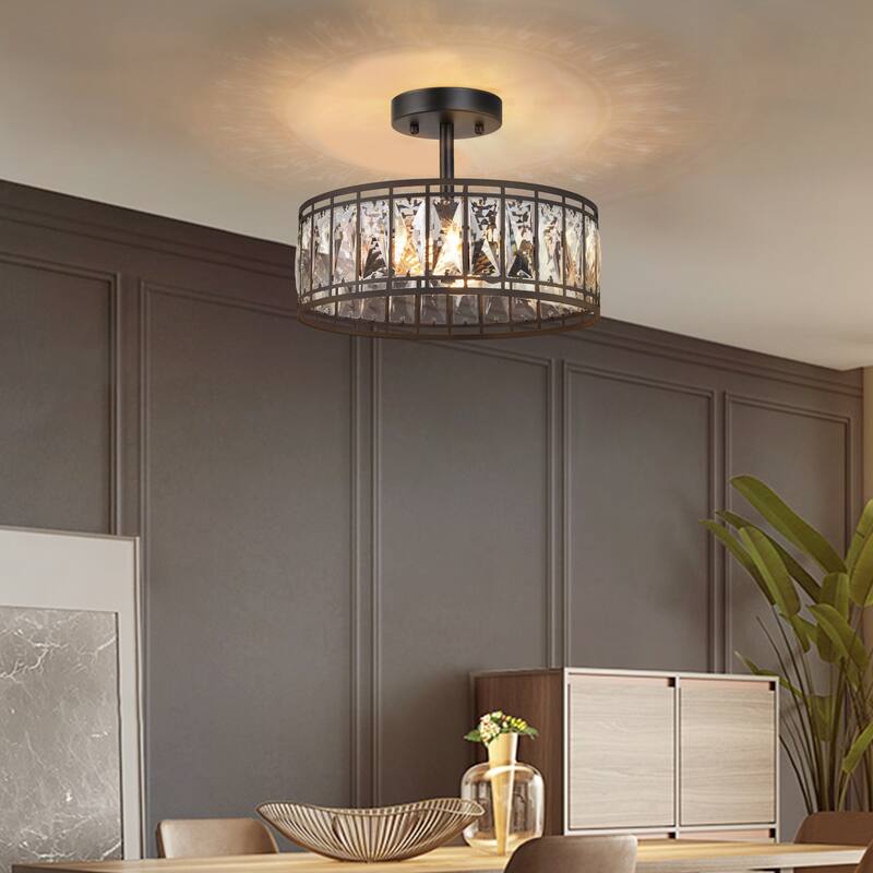Aulia Modern Crystal 2-Light Drum Semi Flush Mount Black Ceiling Light - 12.5'' D x 9.5'' H