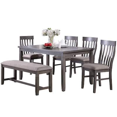 6 Piece Wooden Dining Set with Fabric Upholstered Chairs in Grey