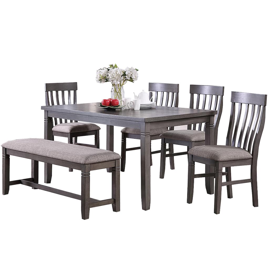 6 Piece Wooden Dining Set with Fabric Upholstered Chairs in Grey