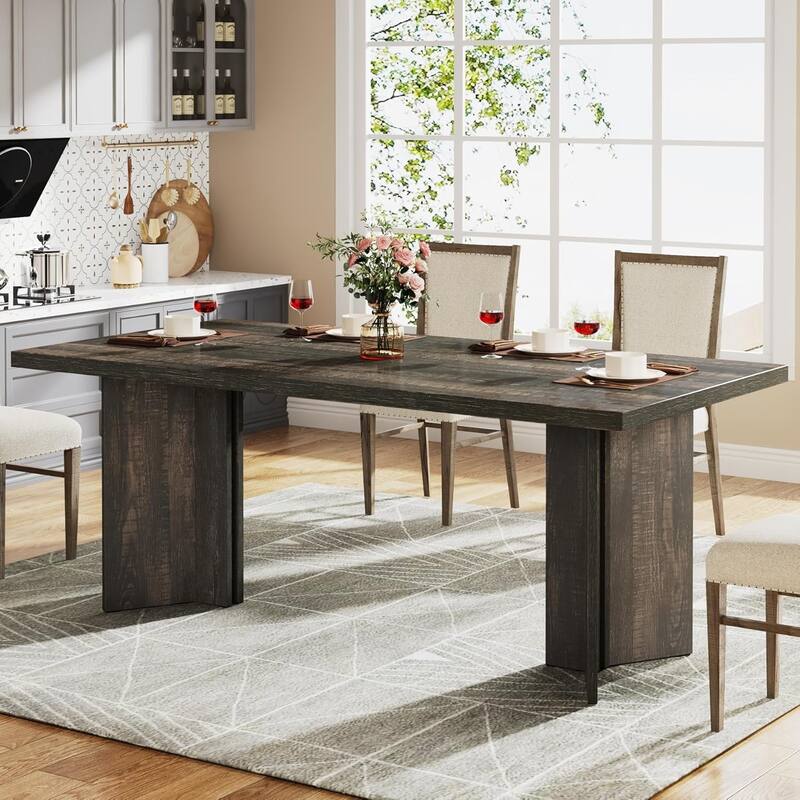 63"Farmhouse Dining Table for 4-6 People - Rustic Rectangular Wood Kitchen Table with Thick Top, Modern Dining Room Table - Dark Gray