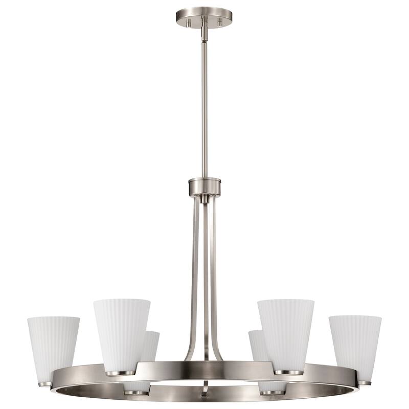 Royale 6 Light Chandelier Brushed Nickel Finish Ribbed White Glass - Brushed Nickel