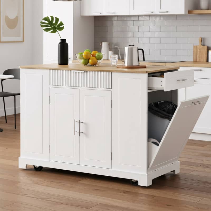 Rolling Kitchen Islands on 5 Wheels with 3 Drawer, 3 Open Side Racks for 10 Gallon Garbage Bin
