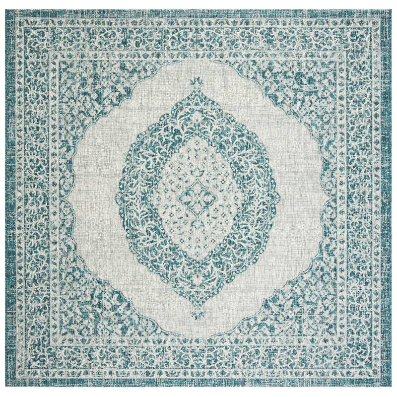 SAFAVIEH Courtyard Thoma Medallion Indoor/ Outdoor Waterproof Patio Backyard Rug - 6'7" Square - Light Grey/Teal