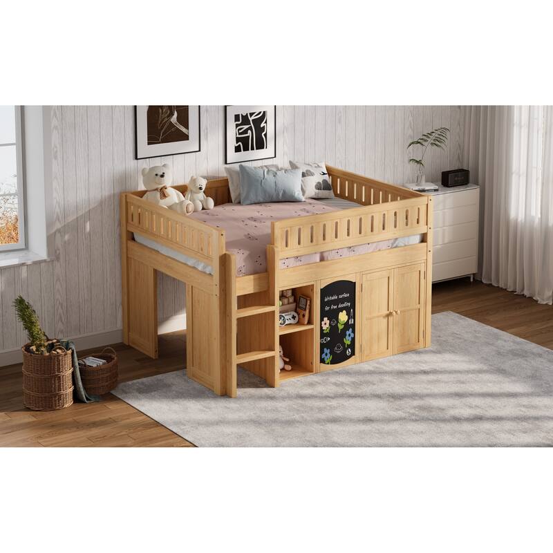 Roomfitters Full Size Loft Bed with Storage Cabinet, Open Shelves and Chalkboard Panel