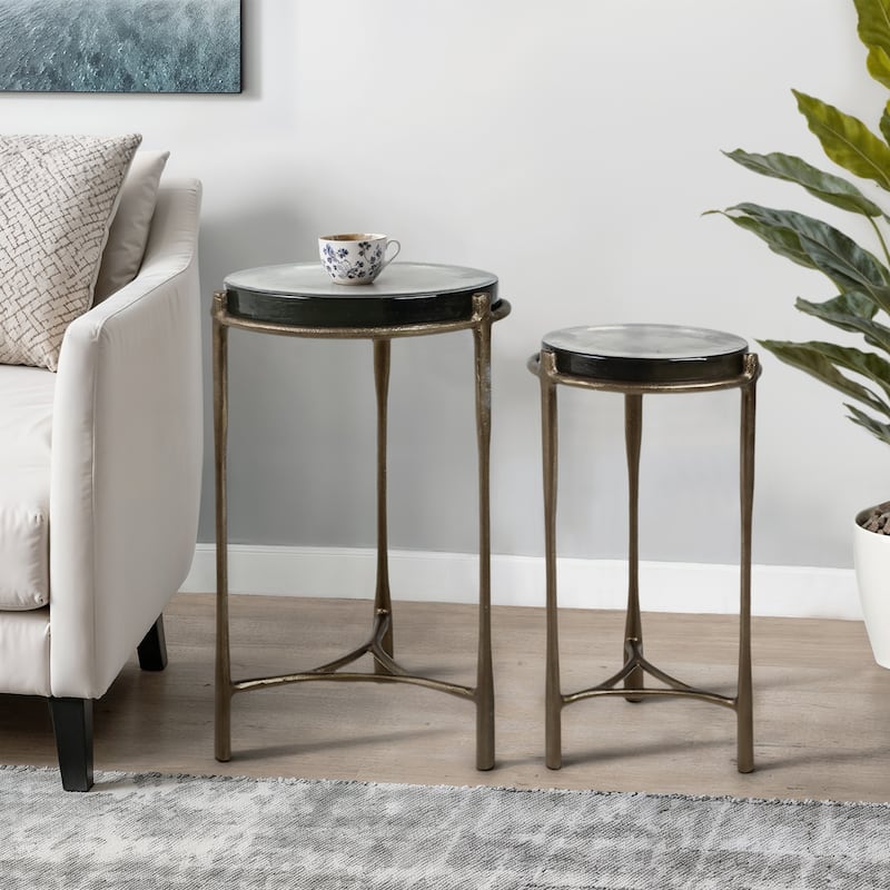 Metal Accent Side Tables Round Top and Frame Modern Design (Set of 2) - 16" x 16" x 26" - Bronze/ Copper - Glass