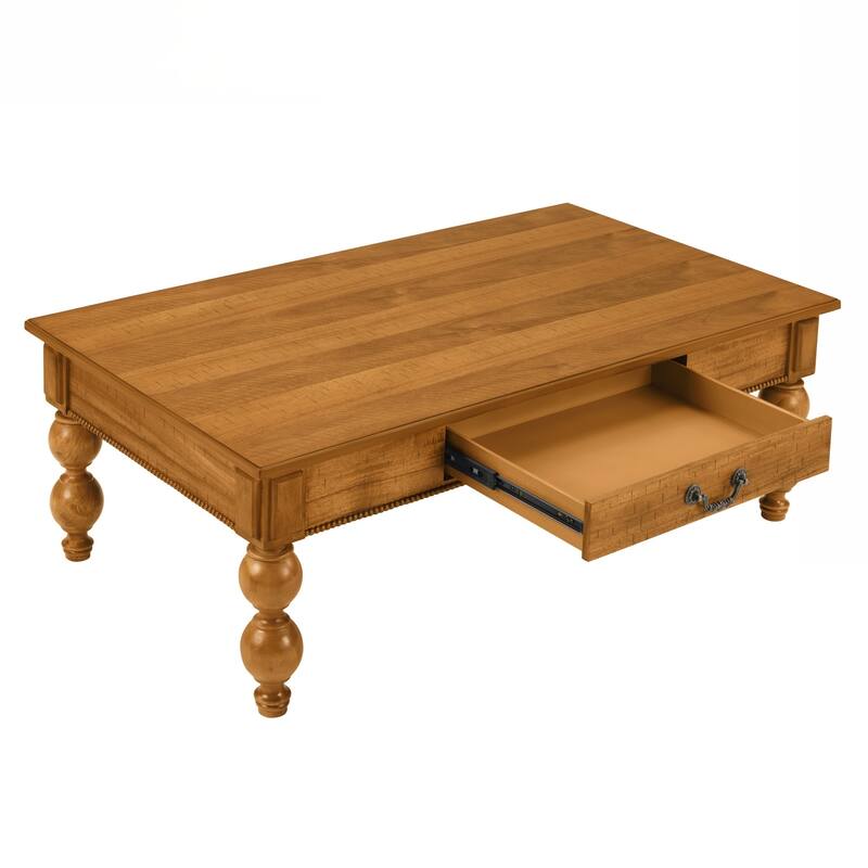 Rectangular Wooden Coffee Table with Storage Drawer, Vintage Cocktail Table with Solid Wood Gourd-Shaped Legs for Living Room