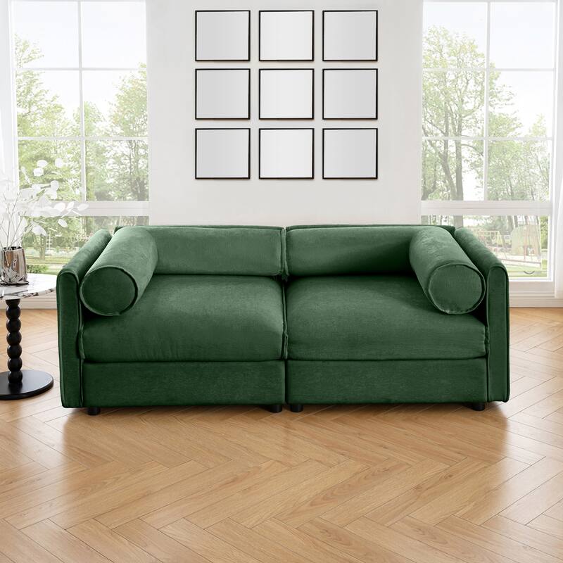 2 Seat Fabric Sofa Round Arms Loveseat Couch, Modern 75" Chenille Leisure Love Seat Couches with Hidden Storage for Small Spaces - Green