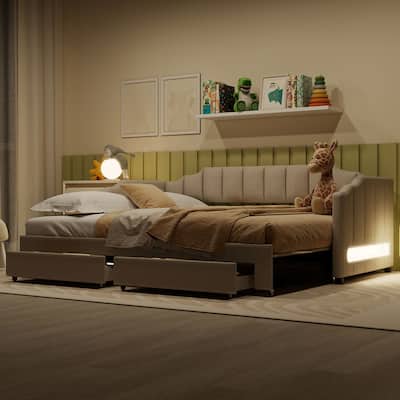 Twin XL Size Upholstered Daybed Extendable King Size Sofa Bed Frame with 2 Storage Drawers and LED Light, Platform Storage Bed