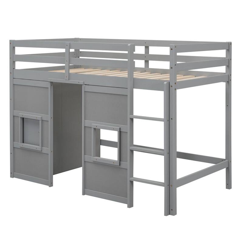 Twin Size Wood Loft Bed with Built-in Storage Wardrobe and 2 Windows