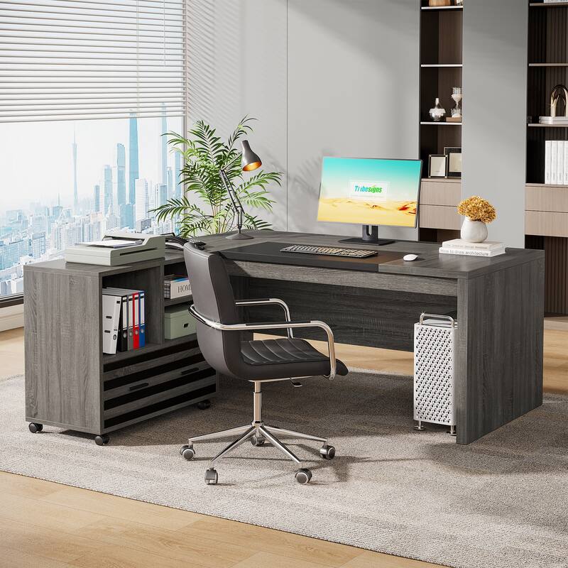 62.2" Executive Desk with Mobile File Cabinet, L-Shaped Office Desk for Home Office