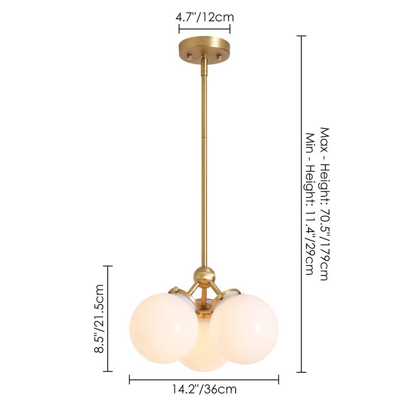 3-Light 14.2" W Mid-Century Modern Brushed Gold Chandelier with Opal Glass Bubble Globe Shades for Living Room, Bedroom