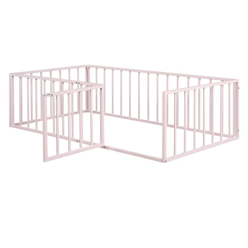 Metal Floor Bed Frame with Fence and Door for Kids' Bedroom
