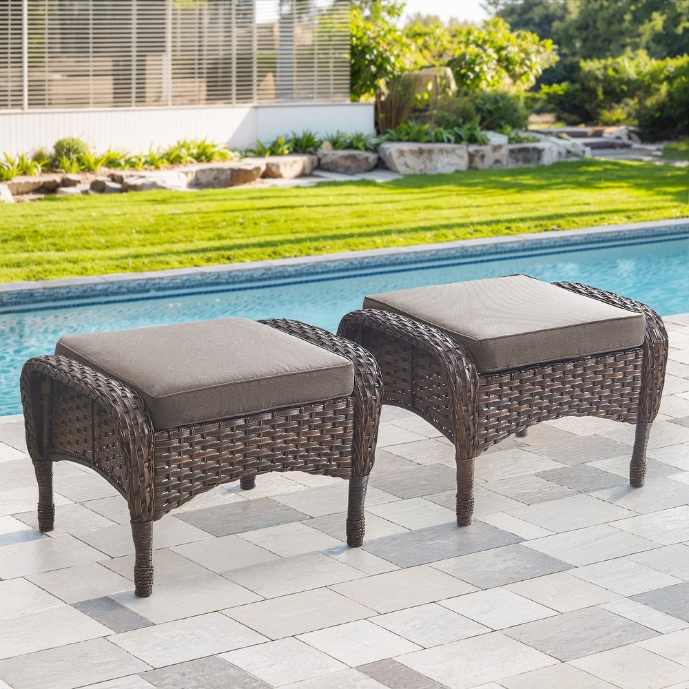 Gymojoy Versatile Outdoor Wicker Ottomans with Soft Cushions
