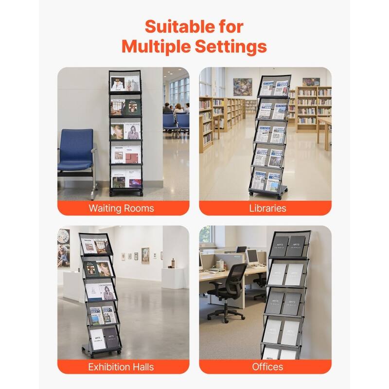 5-Tier Metal Magazine Display Rack with Wheels Mobile Literature Stand for Brochures, Catalogs & Magazines