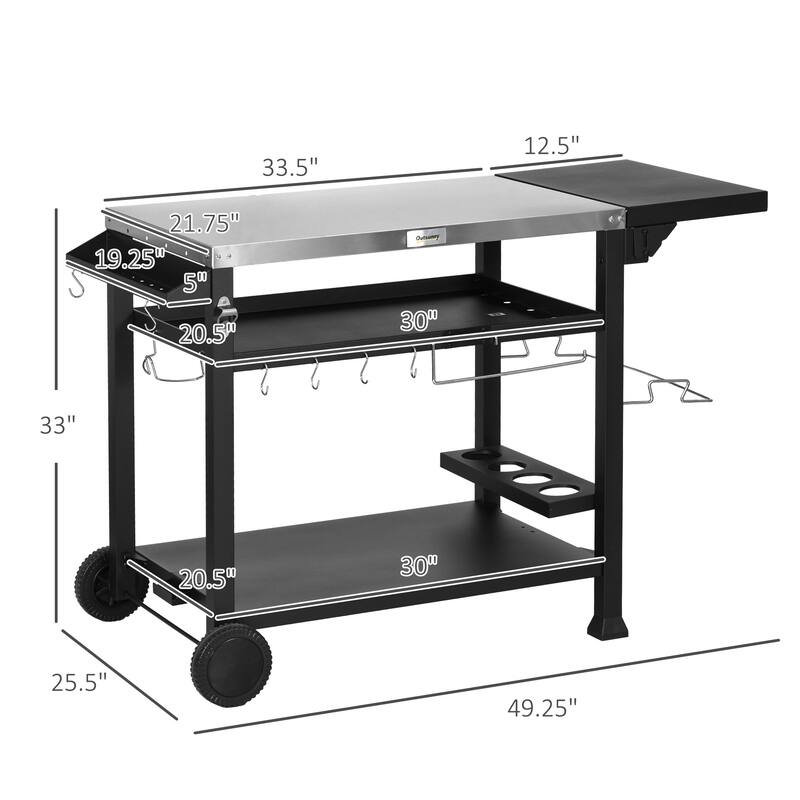 Outdoor Grill Cart with Foldable Side Table, Stainless Steel Pizza Oven Stand on Wheels, with 3 Shelves