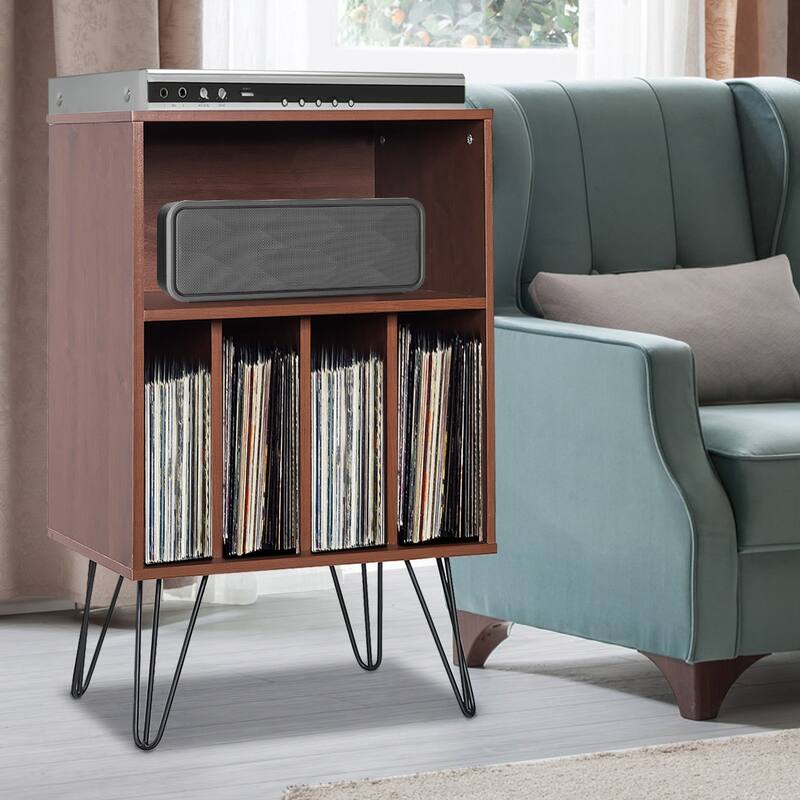 Freestanding Record Player Stand with Storage and Metal Legs