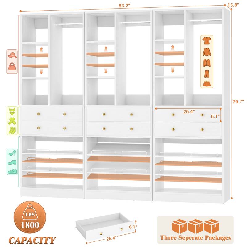 27.7'' Closet Organizer with Shoe Racks and Drawers, Closet System with Hanging Rod and Adjustable Shelves
