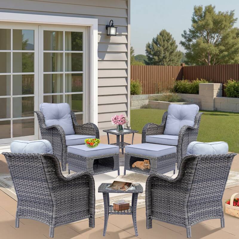 Outdoor Patio Furniture-Gray Wicker Armchair with Storage Ottoman Sets