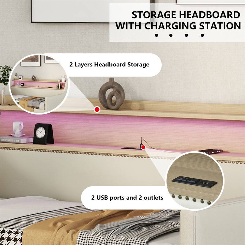 Twin Size Daybed with Storage Drawers, Charging Station and LED Lights