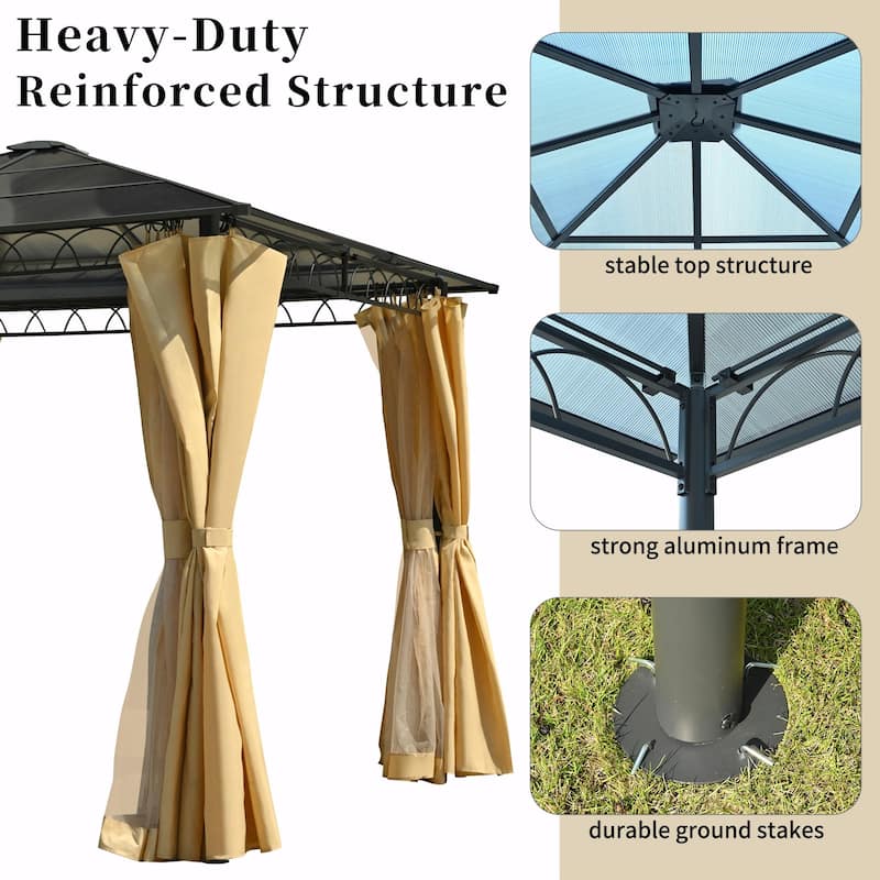 10'x10' Outdoor Hardtop Gazebo with Polycarbonate Roof, Aluminum Frame & Privacy Screens