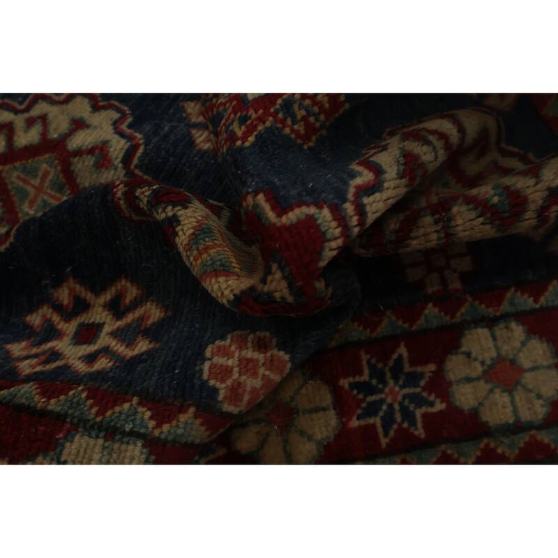 Hand Knotted Oriental 100% Wool Carpet Traditional Geometric Navy Blue & Blues Kazak Area Rug - 3' 1'' X 2' 1''
