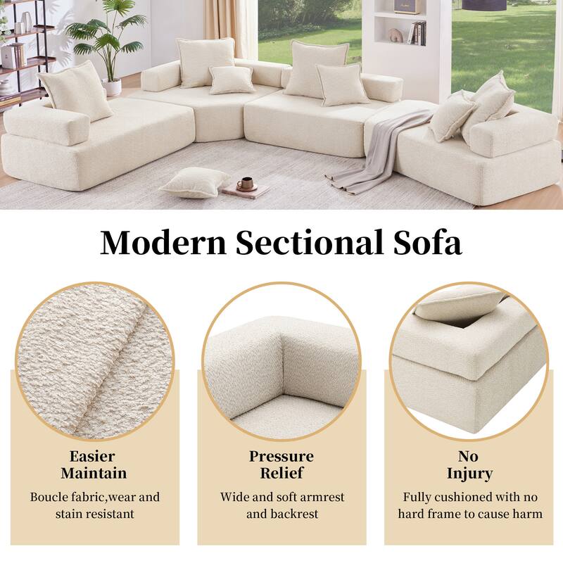 Boucle Fabric Oversized Modular Lounge Sofa Frame with 2 Pillows, No Assembly Required