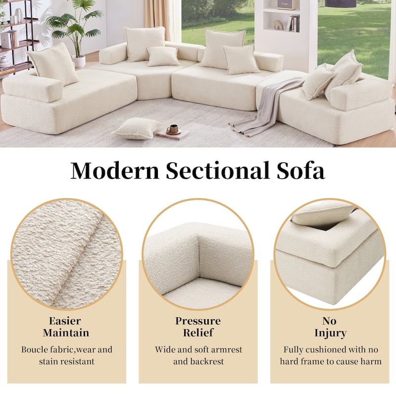 Oversized U Shaped Sofa, Luxury Beige Boucle, Convertible, No Assembly, 56x36x24 inches, 53 lbs