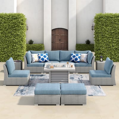 Corvus 11-pc. Grey Wicker Sectional Sofa Fire Pit Set w/ Blue Cushions