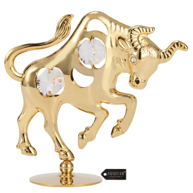 Matashi 24K Gold Plated Crystal Studded Ox/Bull Figurine Ornament Collectible Gift Ox Wealth Statue Bull Statue Christmas Gift