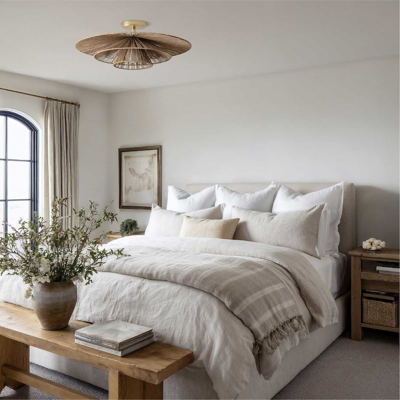 Sammie Rattan Flush Mount Jute Fibers Natural 1-Light Handwoven Ceiling Light for Bedroom or Hallway in Modern, Farmhouse Style