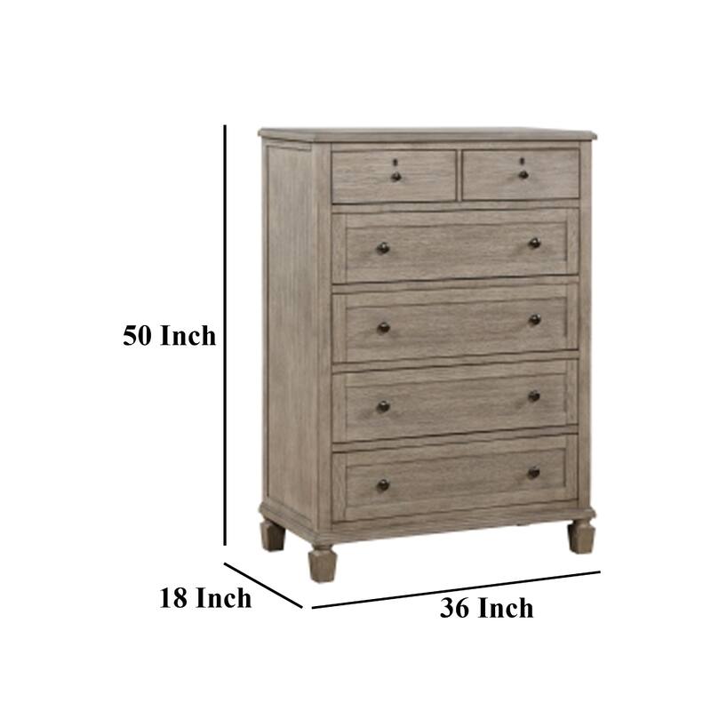 Cely Tall Dresser Chest, 6 Drawers, Gray Oak Wood, Nickel Tone Knobs