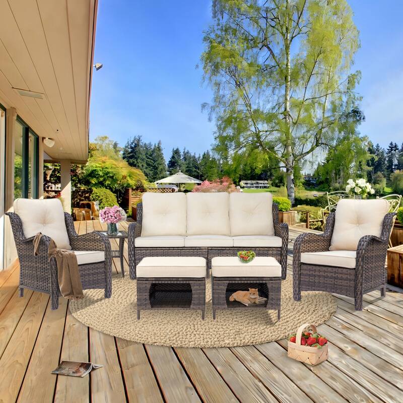 Patio Furniture Sets Chair Storage Ottoman and Outdoor Sofa with Cover - 7 Seats-SingleChair&Sofa&Ottoman - Beige with Cover