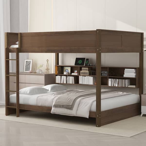 slide 2 of 22, Queen Over Queen Bunk Bed, Wood Bunk Bed with Storage Cabinets and Charging Station