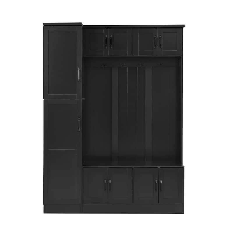 79" Modern Hall Tree with Shoe Storage, 4-in-1 Entryway Bench with 4 Coat Hooks & Adjustable Shelf Mudroom Wood Storage Cabinet