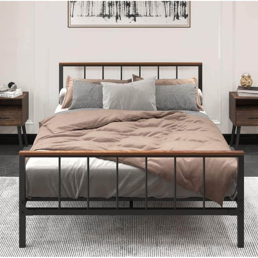 Queen Metal Platform Bed Frame with Headboard, Sturdy Iron Construction, No Box Spring Needed