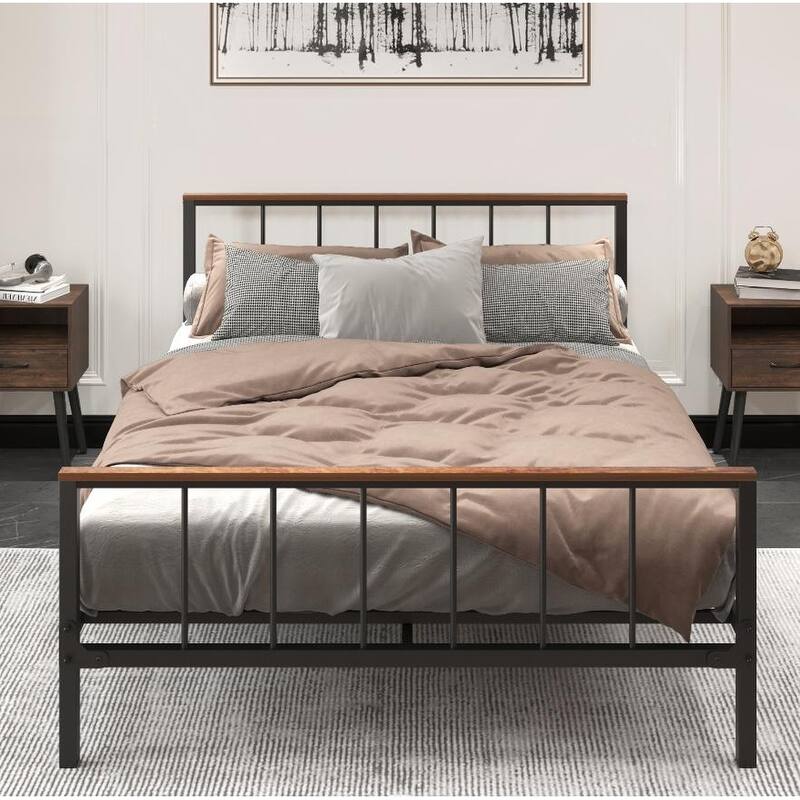 Queen Metal Platform Bed Frame with Headboard, Sturdy Iron Construction, No Box Spring Needed - Black