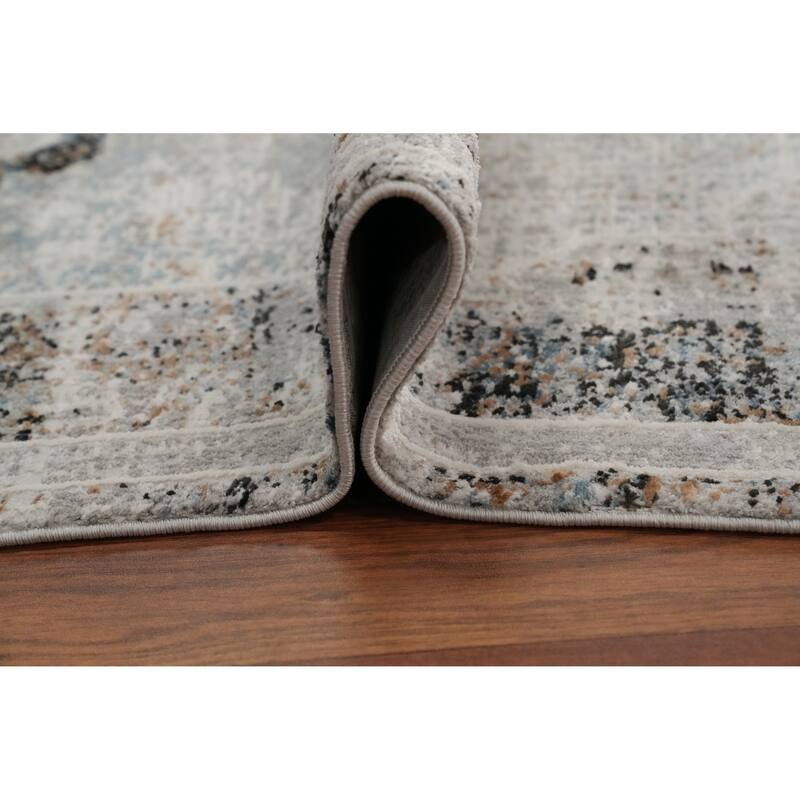 Machine Made Oriental Polyester Carpet Medallion Greys & Charcoal Distressed Area Rug - 7' 5'' X 5' 2''