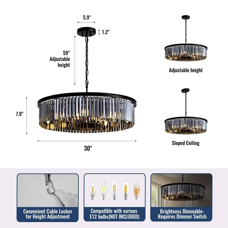 30-inch Smoky Gray Round Chandelier 2-Tier Modern Crystal Chandelier Kitchen Island Pendant Light for Dining Room Bedroom