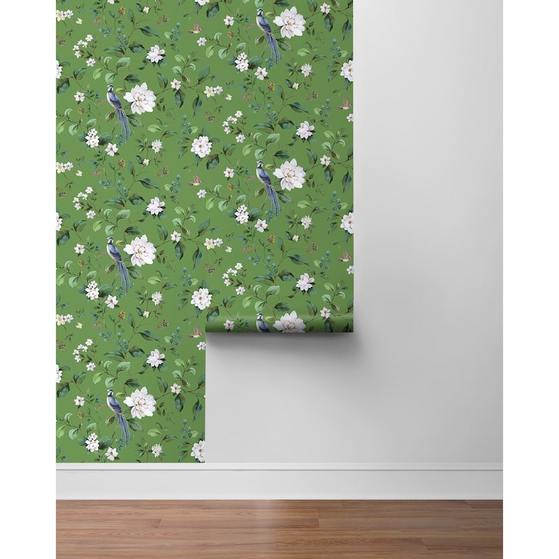 Daisy Bennett Designs Chinoiserie Bird Vine Premium Matte Non-Woven Peel and Stick Wallpaper
