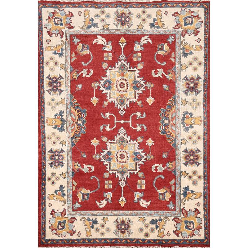 Red Geometric Kazak Foyer Rug Hand-Knotted Traditional Wool Carpet - 3'4" x 4'8"