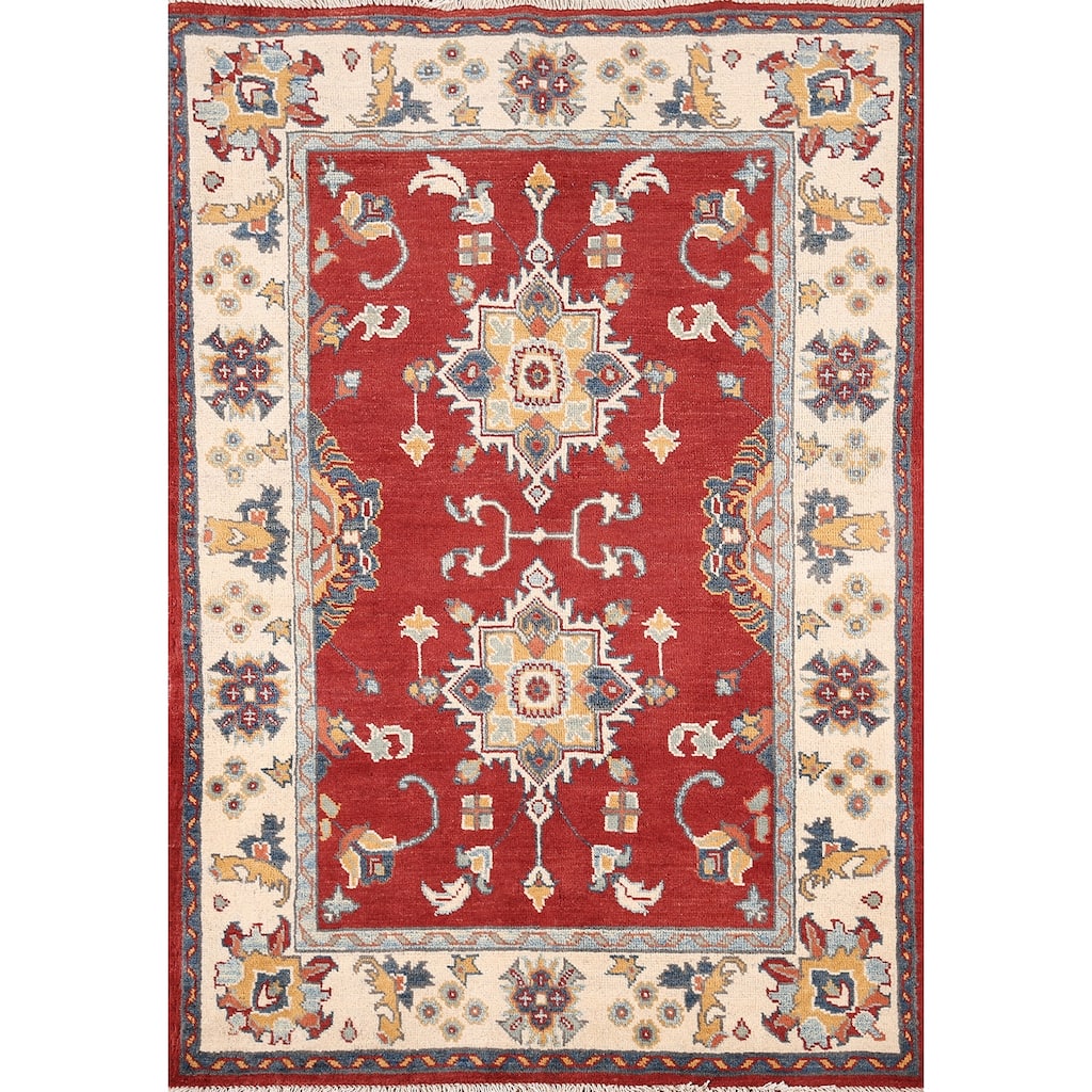 Red Geometric Kazak Foyer Rug Hand-Knotted Traditional Wool Carpet - 3'4" x 4'8"