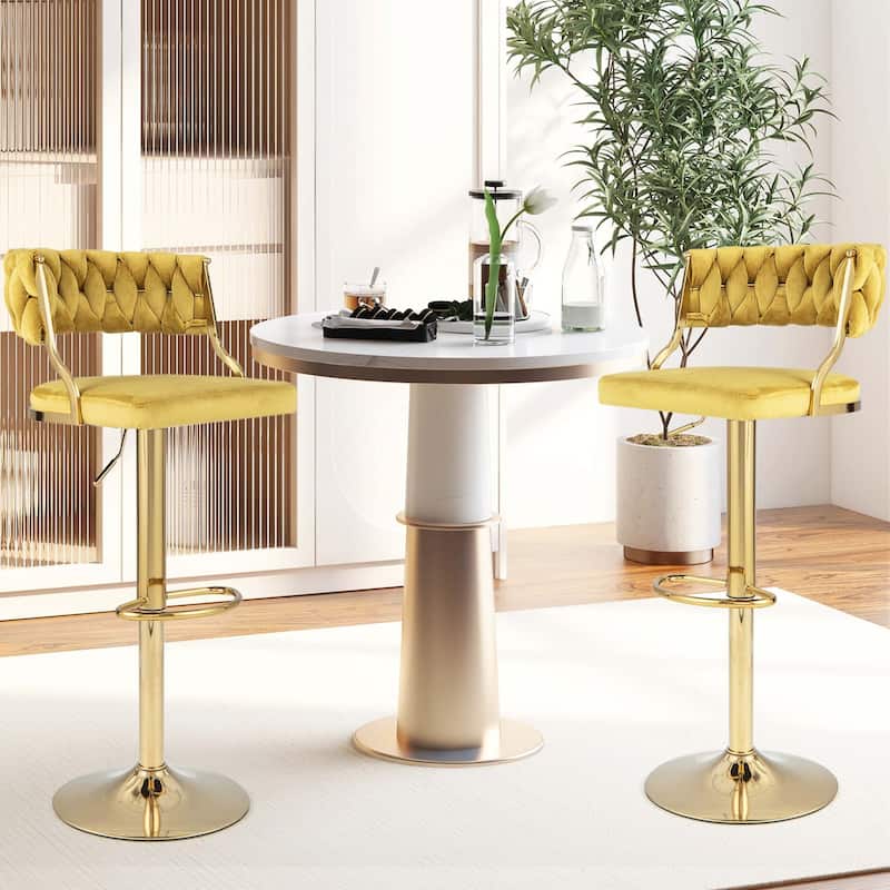 2 pcs Swivel Velvet Bar Stools Upholstered Adjustable Grey/Beige/Yellow