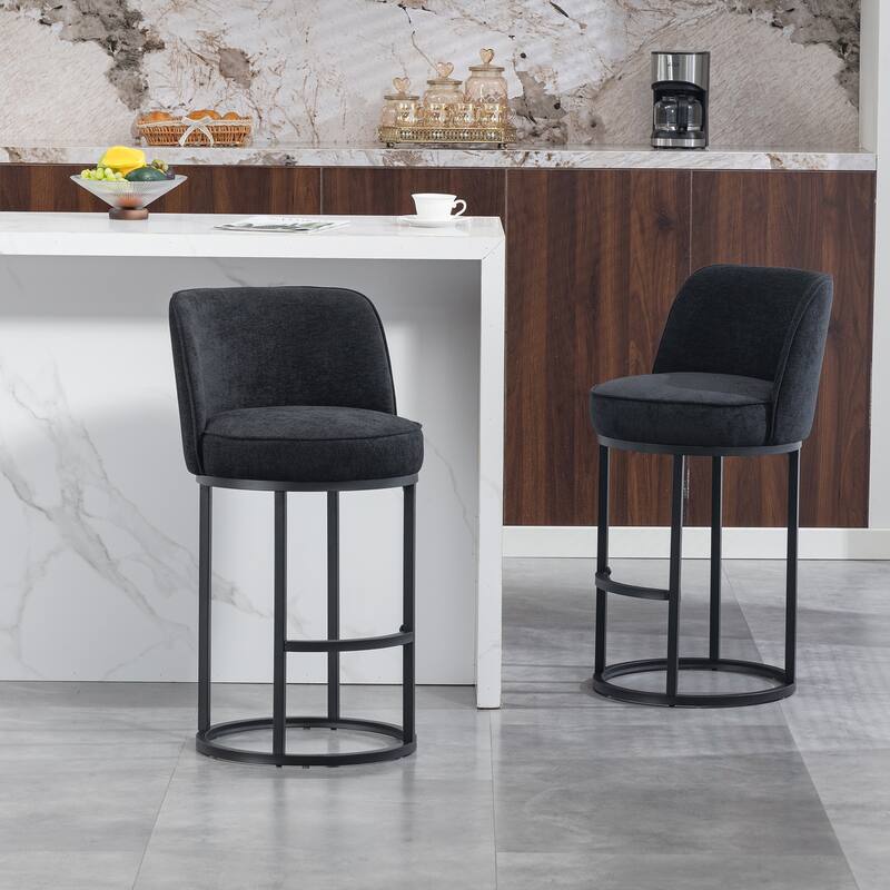 Counter Height Bar Stools Set of 2, Modern Barrel Counter Stools with Backrest, Linen Fabric Upholstered Accent Bar Stools