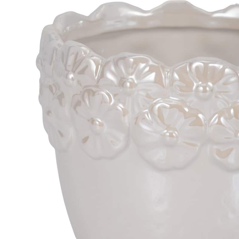 Sagebrook Home 6" Ceramic Iridescent Floral Crown Planter, Ivory