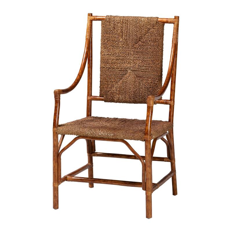 Ramos Marbled Tortoise Natural Rattan and Seagrass Armchair - Handwoven Wicker Chair, Rustic Boho Accent Seating - Marbled Tortoise Brown/Natural Brown